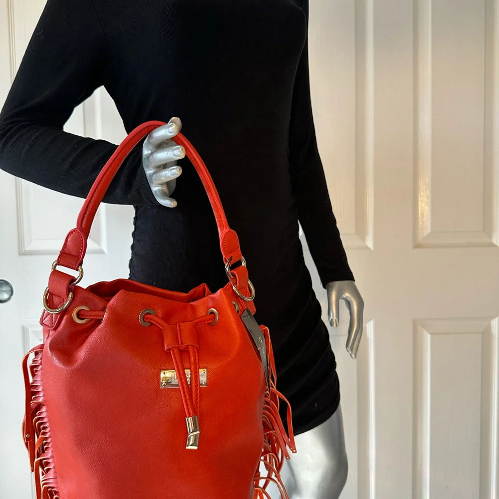 BCBG | Fringe Drawstring Bucket Bag Red NWT
